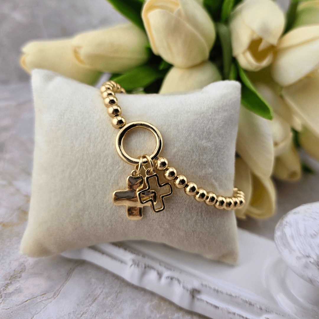 Cross Charm Ball Bead Bracelet in Shiny Gold