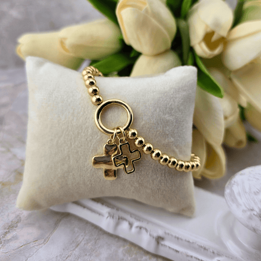 Cross Charm Ball Bead Bracelet in Shiny Gold