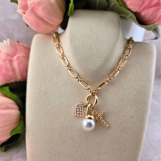 Beaded Cross & Pearl Charm Necklace in Shiny Gold