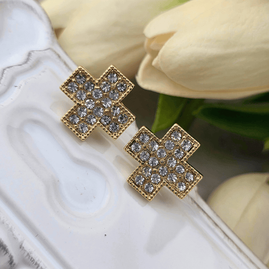 Square Pave Cross Stud Earrings in Shiny Gold