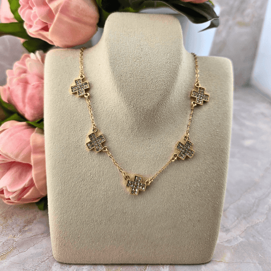 Natalie Pave Cross Necklace in Shiny Gold