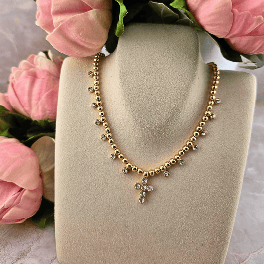 Elizabeth Pave Cross Ball Bead Necklace in Shiny Gold