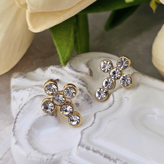 Elizabeth Pave Cross Stud Earrings in Shiny Gold