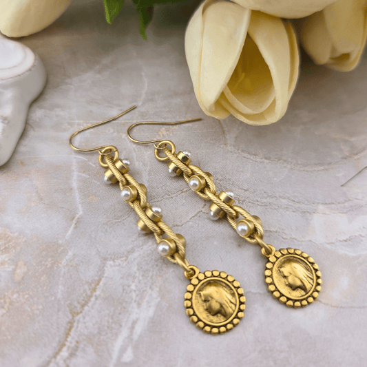 Pearl and Gold Earrings with Profile of Mary Medal