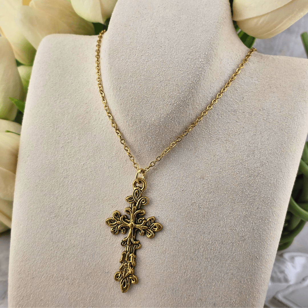 Sister Dulce Gift Shop, Shepherds Staff, Religious Store, Cypress Springs Mercedarian Prayer Center, Ornate Gold Cross Necklace