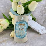 Sister Dulce Gift Shop, Shepherds Staff, Religious Store, Cypress Springs Mercedarian Prayer Center, Sacred Treasures, Madonna and Child Vase, Bright Blue and Ivory