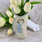 Sister Dulce Gift Shop, Shepherds Staff, Religious Store, Cypress Springs Mercedarian Prayer Center, Sacred Treasures, Madonna and Child Vase, Blue and Ivory, Gold Trim