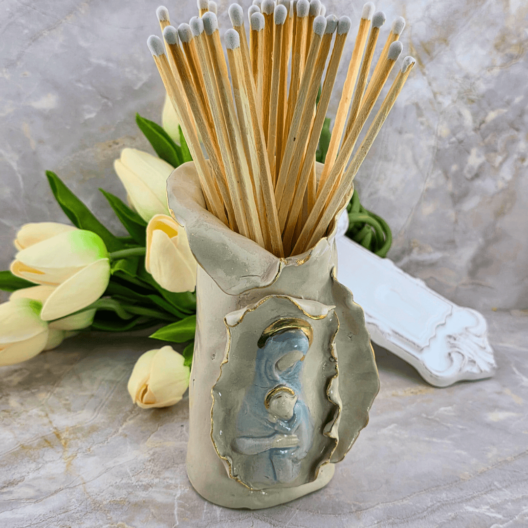 Sister Dulce Gift Shop, Shepherds Staff, Religious Store, Cypress Springs Mercedarian Prayer Center, Sacred Treasures, Madonna and Child Match Vase
