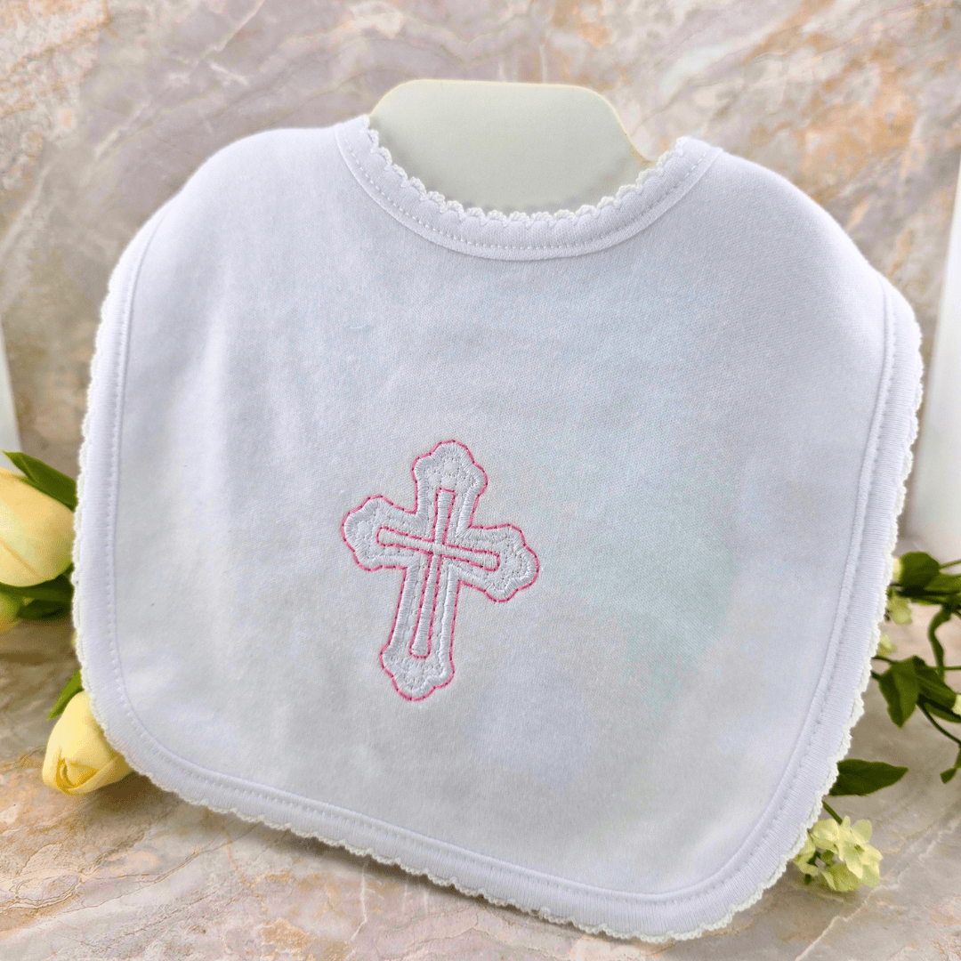 Sister Dulce Gift Shop, Shepherds Staff, Religious Store, Cypress Springs Mercedarian Prayer Center, Pink Cross Embroidered Bib