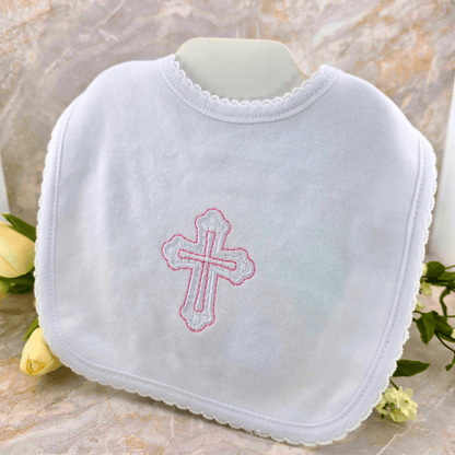 Sister Dulce Gift Shop, Shepherds Staff, Religious Store, Cypress Springs Mercedarian Prayer Center, Pink Cross Embroidered Bib