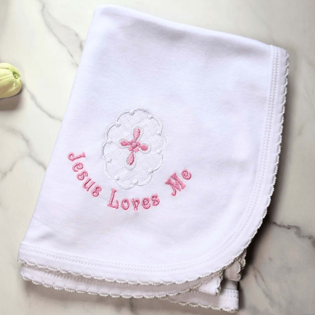 Sister Dulce Gift Shop, Shepherds Staff, Religious Store, Cypress Springs Mercedarian Prayer Center, Embroidered Pink Jesus Loves Me Baby Blanket