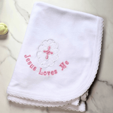 Sister Dulce Gift Shop, Shepherds Staff, Religious Store, Cypress Springs Mercedarian Prayer Center, Embroidered Pink Jesus Loves Me Baby Blanket