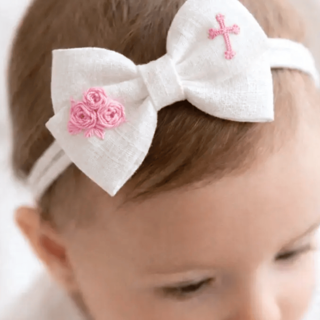 Sister Dulce Gift Shop, Shepherds Staff, Religious Store, Cypress Springs Mercedarian Prayer Center, Pink Embroidered Baby Hair Bow