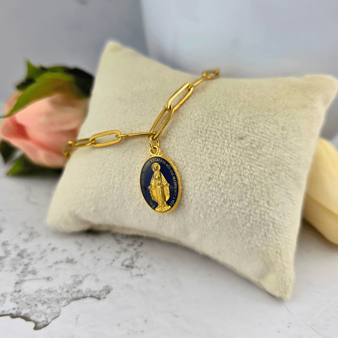 Our Lady Medal on Gold Paperclip Chain Bracelet