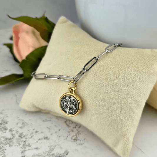 Saint Benedict Two Toned Medal on Silver Paperclip Chain Bracelet
