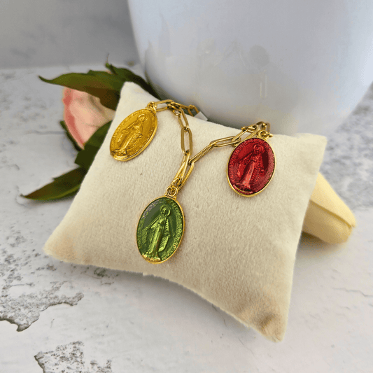 Sister Dulce Gift Shop, Shepherds Staff, Religious Store, Cypress Springs Mercedarian Prayer Center, Catholic, Colorful Mary Medals on Gold Paperclip Chain Bracelet