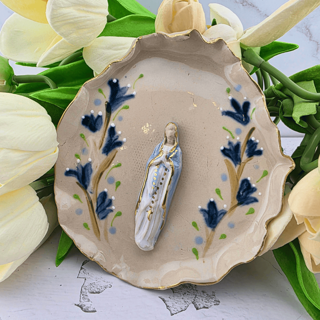 Sister Dulce Gift Shop, Shepherds Staff, Religious Store, Cypress Springs Mercedarian Prayer Center, Catholic, Sacred Treasures, Our Lady of the Rosary Trinket Dish, Blue Flowers 