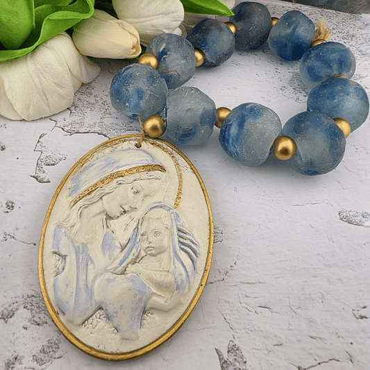 Large Glass Blessing Beads With Madonna and Child Intaglio