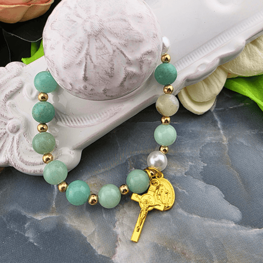 Sister Dulce Gift Shop, Shepherds Staff, Religious Store, Cypress Springs Mercedarian Prayer Center, Catholic, Amazonite Beaded Bracelet with Miraculous Medal and Crucifix