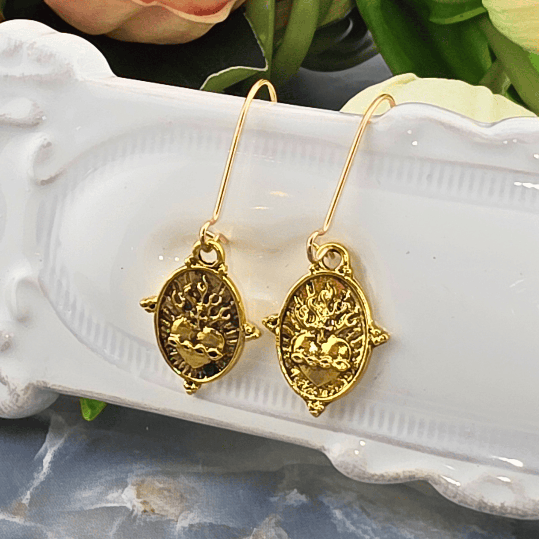 Sister Dulce Gift Shop, Shepherds Staff, Religious Store, Cypress Springs Mercedarian Prayer Center, Catholic, Sacred Heart Antique Gold Dangle Earrings