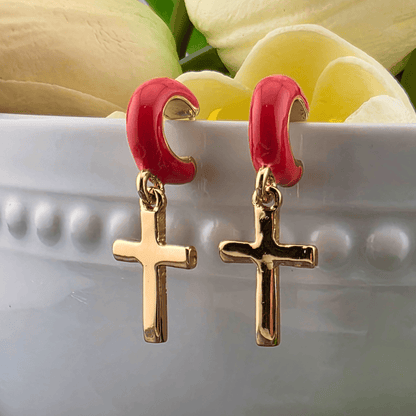 Cross Enamel Huggie Hoop Earrings