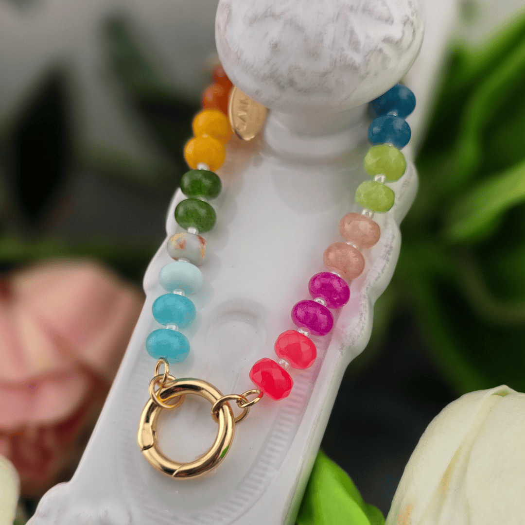 Sister Dulce Gift Shop, Shepherds Staff, Religious Store, Cypress Springs Mercedarian Prayer Center, Gemstone Beaded Charm Catcher Bracelet, Rainbow