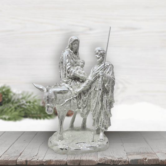 White Glittered Joseph with Mary Riding Donkey Nativity