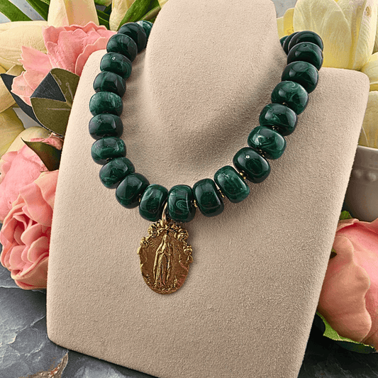 Our Lady Emerald and gold Beaded Necklace