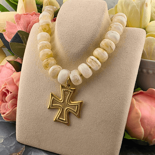 Cream and Gold Beaded Cross Necklace