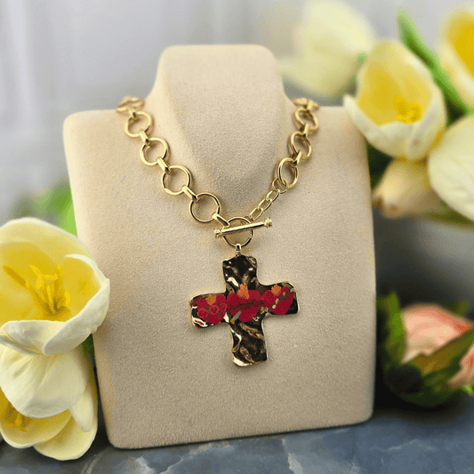 A gold chain necklace with a cross pendant featuring three holy hearts, Sister Dulce Gift Shop, Shepherds Staff, Religious Store, Cypress Springs Mercedarian Prayer Center, Catholic, harleigh leonard designs