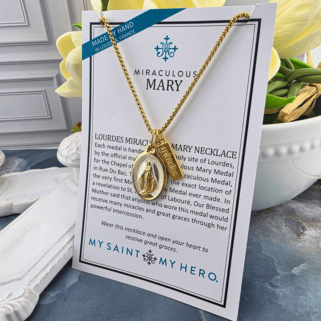 A gold-tone Lourdes Miraculous Mary necklace, Sister Dulce Gift Shop, Shepherds Staff, Religious Store, Cypress Springs Mercedarian Prayer Center, Catholic, My Saint My hero
