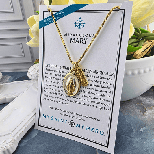 A gold-tone Lourdes Miraculous Mary necklace, Sister Dulce Gift Shop, Shepherds Staff, Religious Store, Cypress Springs Mercedarian Prayer Center, Catholic, My Saint My hero
