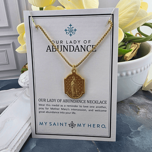 Gold Our Lady of Abundance necklace,  Sister Dulce Gift Shop, Shepherds Staff, Religious Store, Cypress Springs Mercedarian Prayer Center, Catholic, My Saint My Hero 
