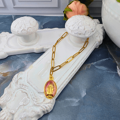 Colored Lady Medal on Gold Paperclip Chain Bracelet, Purple, Sister Dulce Gift Shop, Shepherds Staff, Religious Store, Cypress Springs Mercedarian Prayer Center, Catholic, 