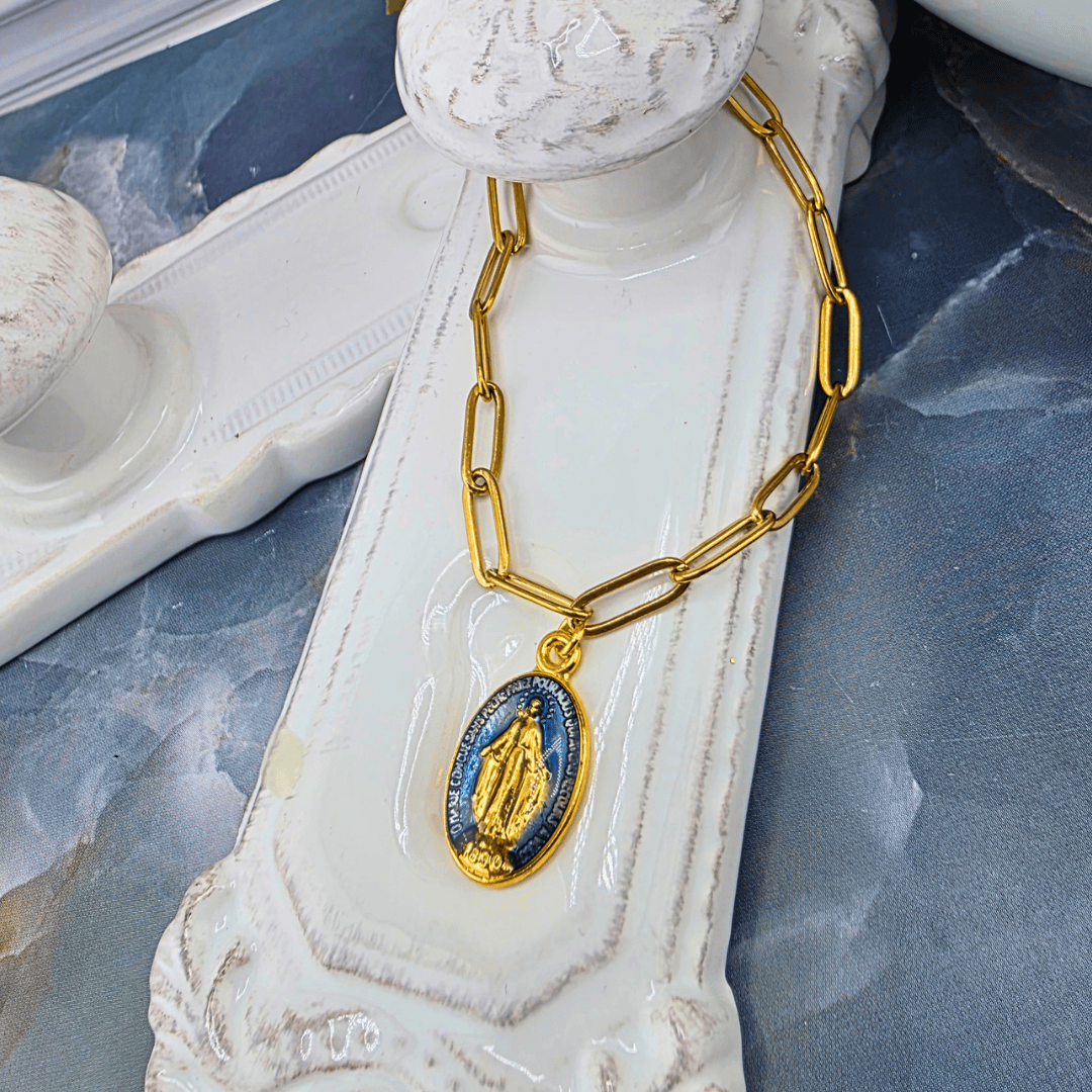 Colored Lady Medal on Gold Paperclip Chain Bracelet, Navy, Sister Dulce Gift Shop, Shepherds Staff, Religious Store, Cypress Springs Mercedarian Prayer Center, Catholic, 