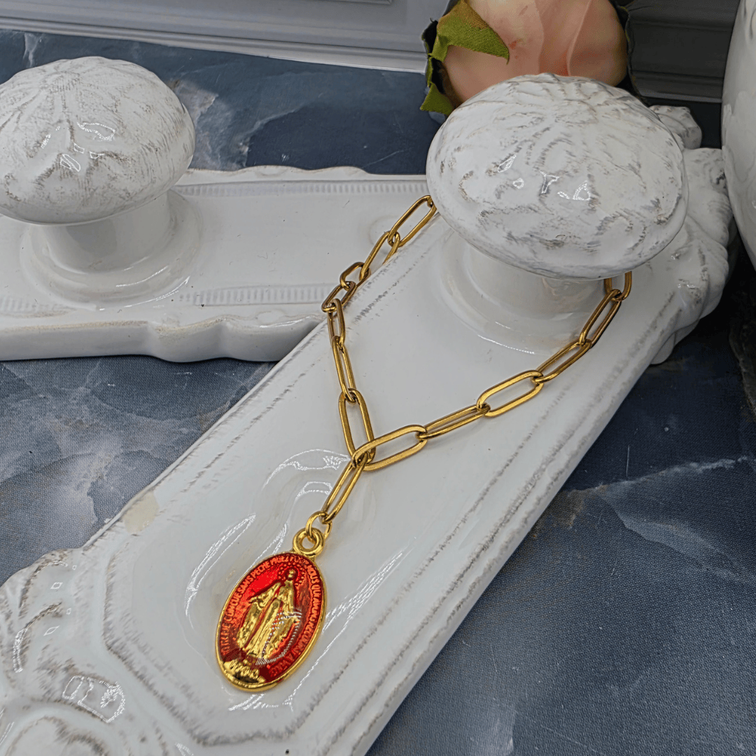 Colored Lady Medal on Gold Paperclip Chain Bracelet, Red, Sister Dulce Gift Shop, Shepherds Staff, Religious Store, Cypress Springs Mercedarian Prayer Center, Catholic, 