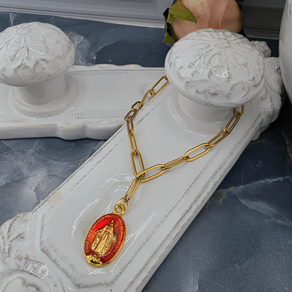 Colored Lady Medal on Gold Paperclip Chain Bracelet, Red, Sister Dulce Gift Shop, Shepherds Staff, Religious Store, Cypress Springs Mercedarian Prayer Center, Catholic, 
