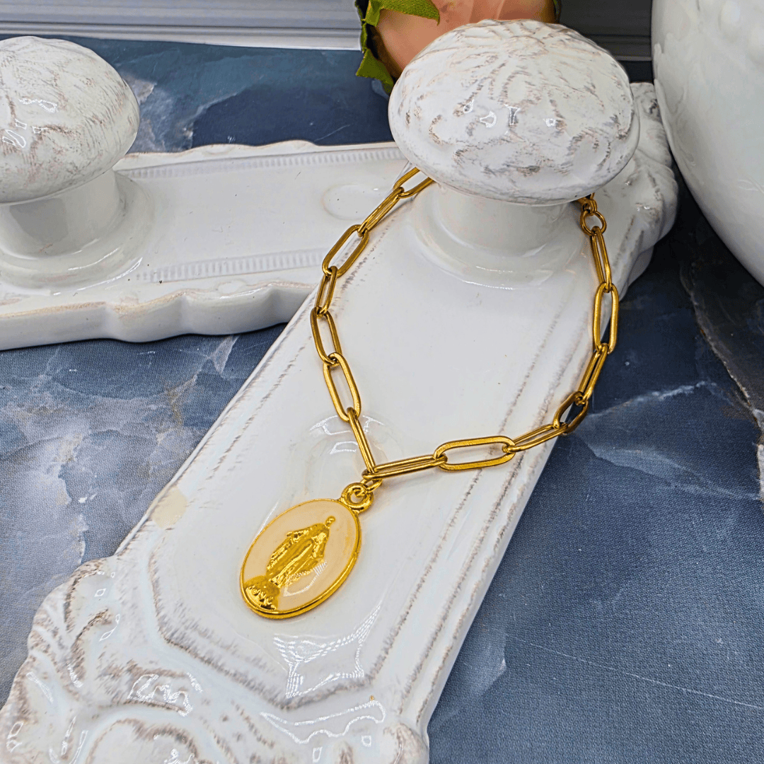 Colored Lady Medal on Gold Paperclip Chain Bracelet, Ivory, Sister Dulce Gift Shop, Shepherds Staff, Religious Store, Cypress Springs Mercedarian Prayer Center, Catholic, 