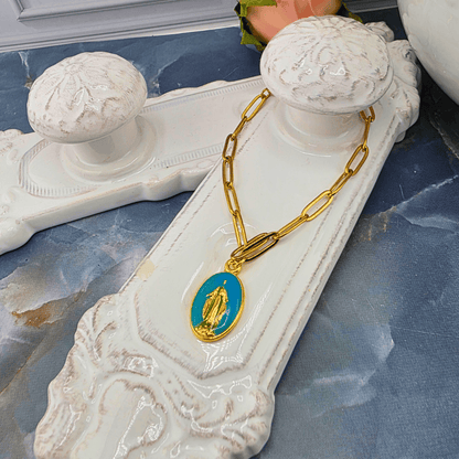 Colored Lady Medal on Gold Paperclip Chain Bracelet, Turquoise, Sister Dulce Gift Shop, Shepherds Staff, Religious Store, Cypress Springs Mercedarian Prayer Center, Catholic, 