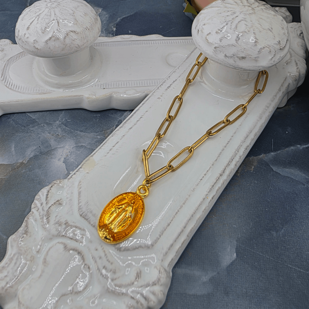 Colored Lady Medal on Gold Paperclip Chain Bracelet, Orange, Sister Dulce Gift Shop, Shepherds Staff, Religious Store, Cypress Springs Mercedarian Prayer Center, Catholic, 