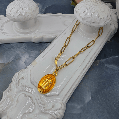 Colored Lady Medal on Gold Paperclip Chain Bracelet, Orange, Sister Dulce Gift Shop, Shepherds Staff, Religious Store, Cypress Springs Mercedarian Prayer Center, Catholic, 