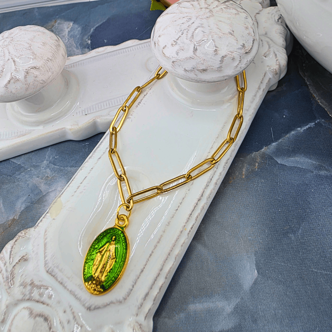 Colored Lady Medal on Gold Paperclip Chain Bracelet