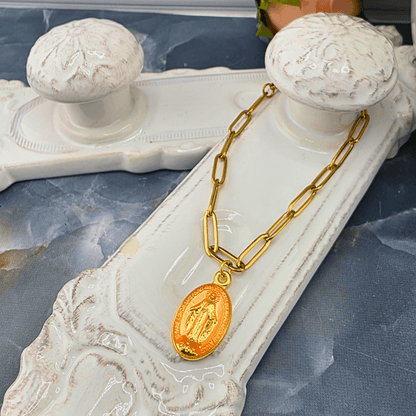 Colored Lady Medal on Gold Paperclip Chain Bracelet, Coral, Sister Dulce Gift Shop, Shepherds Staff, Religious Store, Cypress Springs Mercedarian Prayer Center, Catholic, 