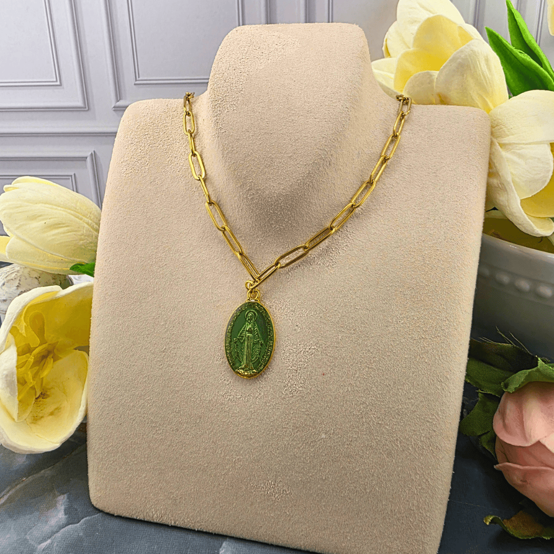 Colored Lady Medal on Gold Paperclip Chain Necklace