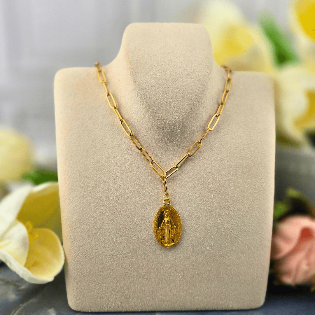 Colored Lady Medal on Gold Paperclip Chain Necklace