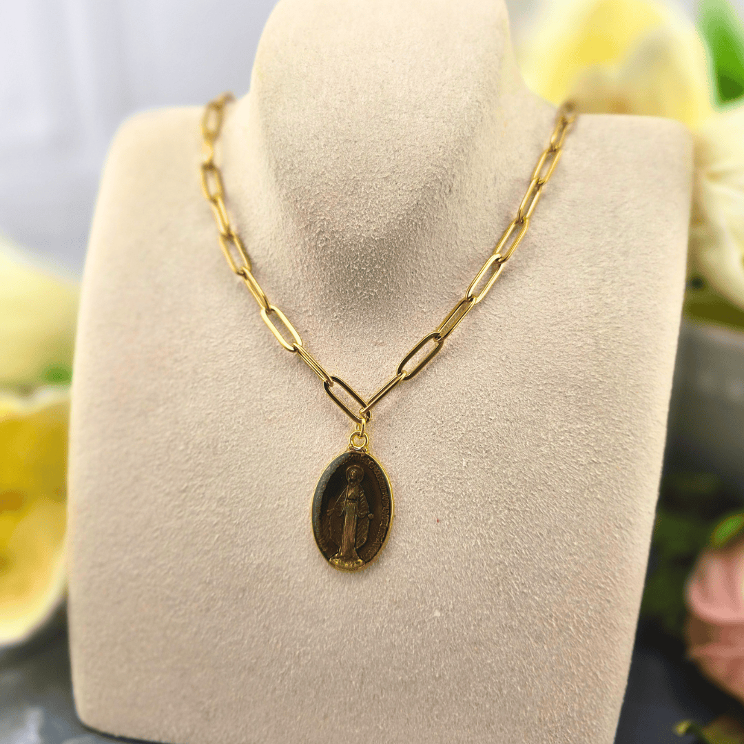 Colored Lady Medal on Gold Paperclip Chain Necklace