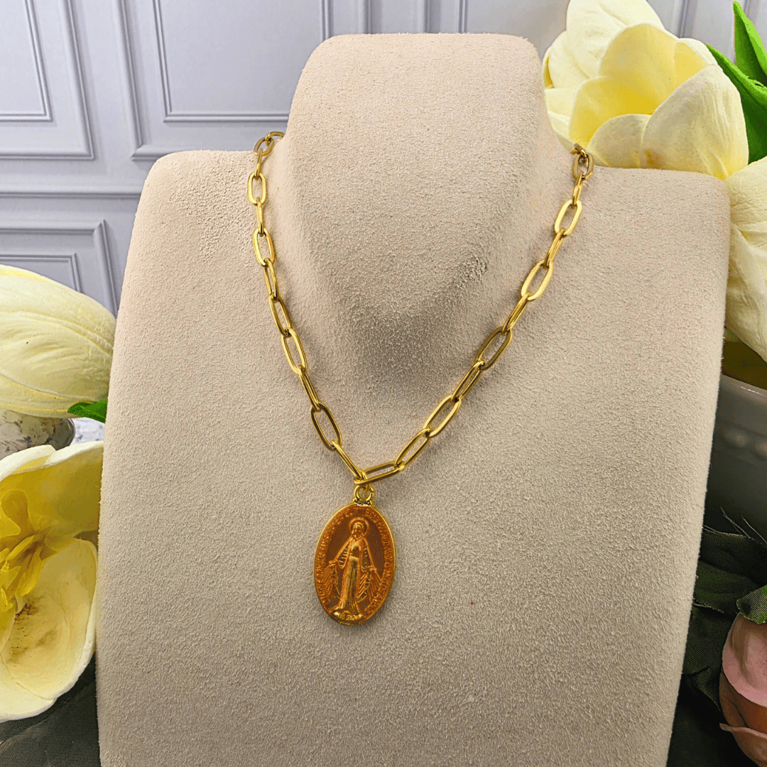 Colored Lady Medal on Gold Paperclip Chain Necklace