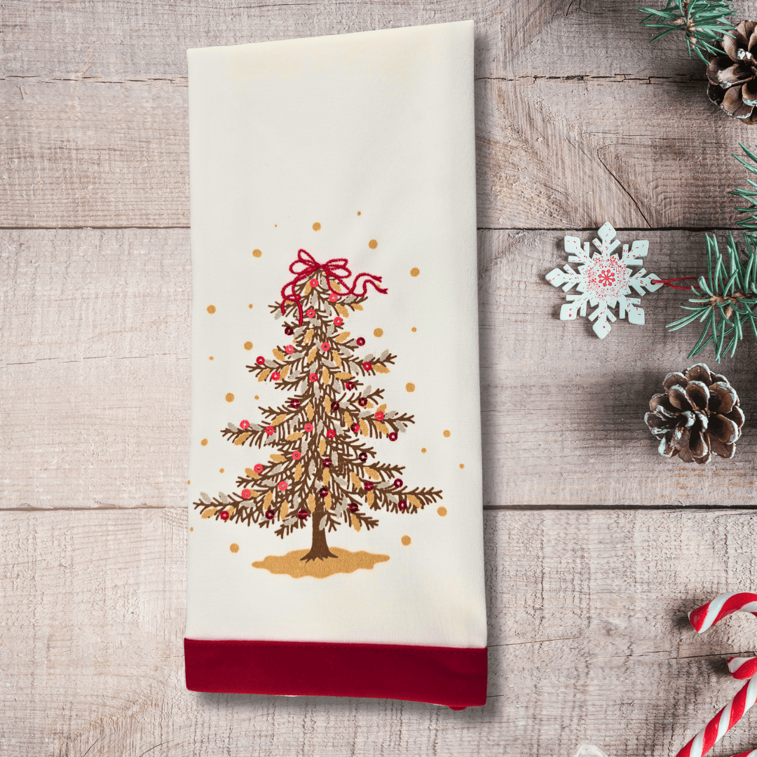 Sister Dulce Gift Shop, Shepherds Staff, Religious Store, Cypress Springs Mercedarian Prayer Center, Catholic, Christmas tree tea towel, red, white, gold, sequin