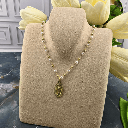 Dainty Pearl Beaded Miraculous Medal Necklace, Sister Dulce Gift Shop, Shepherds Staff, Religious Store, Cypress Springs Mercedarian Prayer Center, Catholic, 