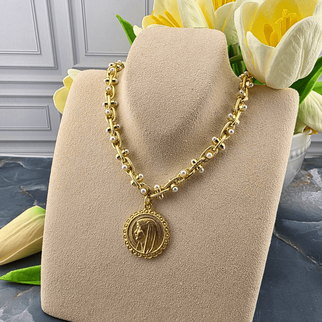 Pearl- Accented Chain Necklace with Our Lady Medallion, Sister Dulce Gift Shop, Shepherds Staff, Religious Store, Cypress Springs Mercedarian Prayer Center, Catholic, 